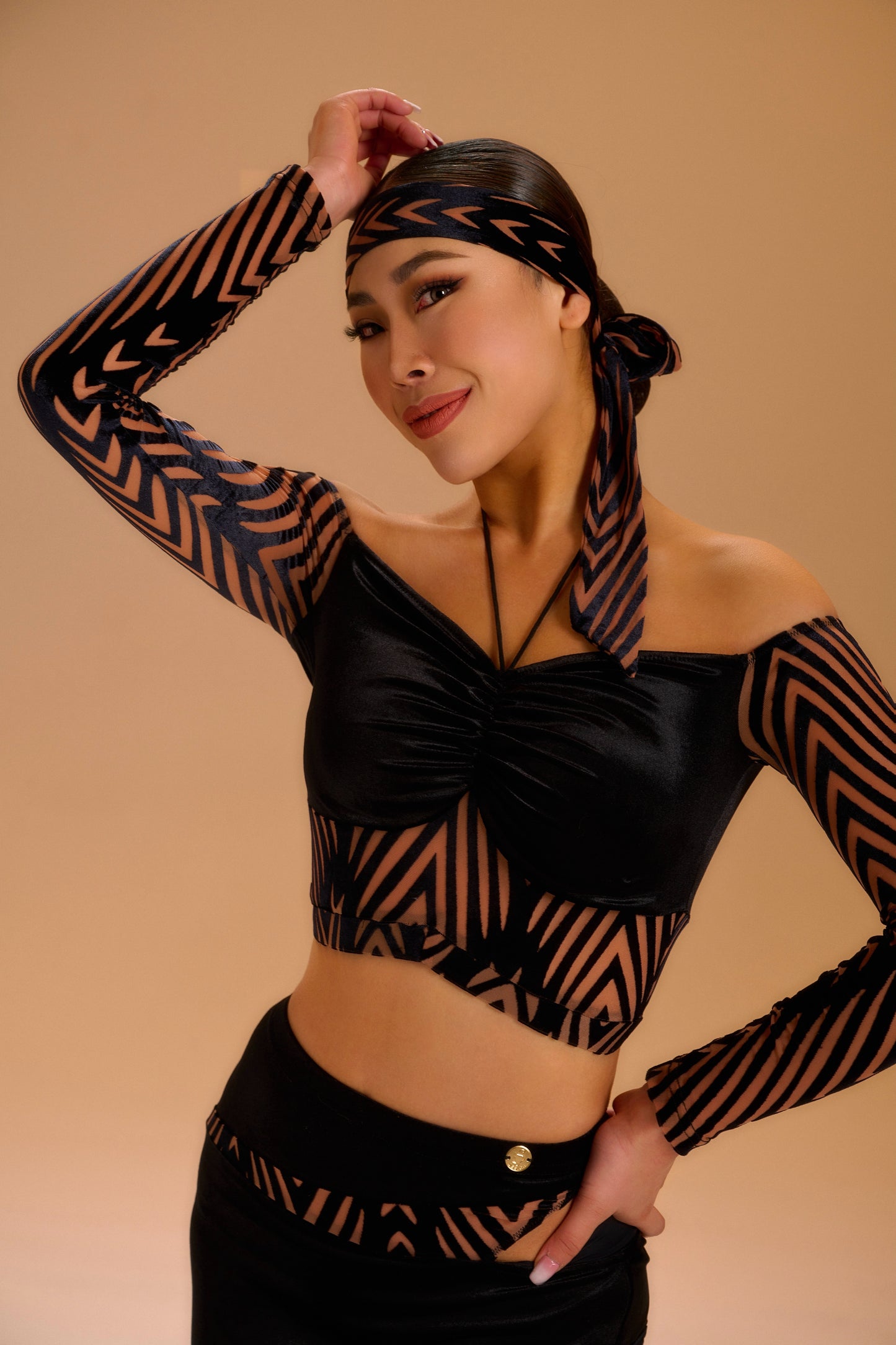 Velvet Jacquard One-Shoulder Top