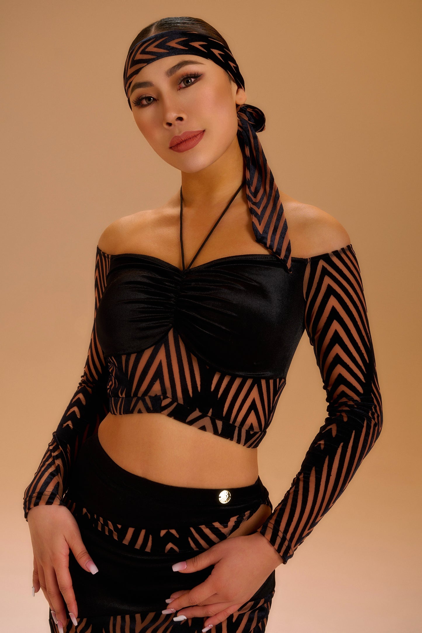 Velvet Jacquard One-Shoulder Top