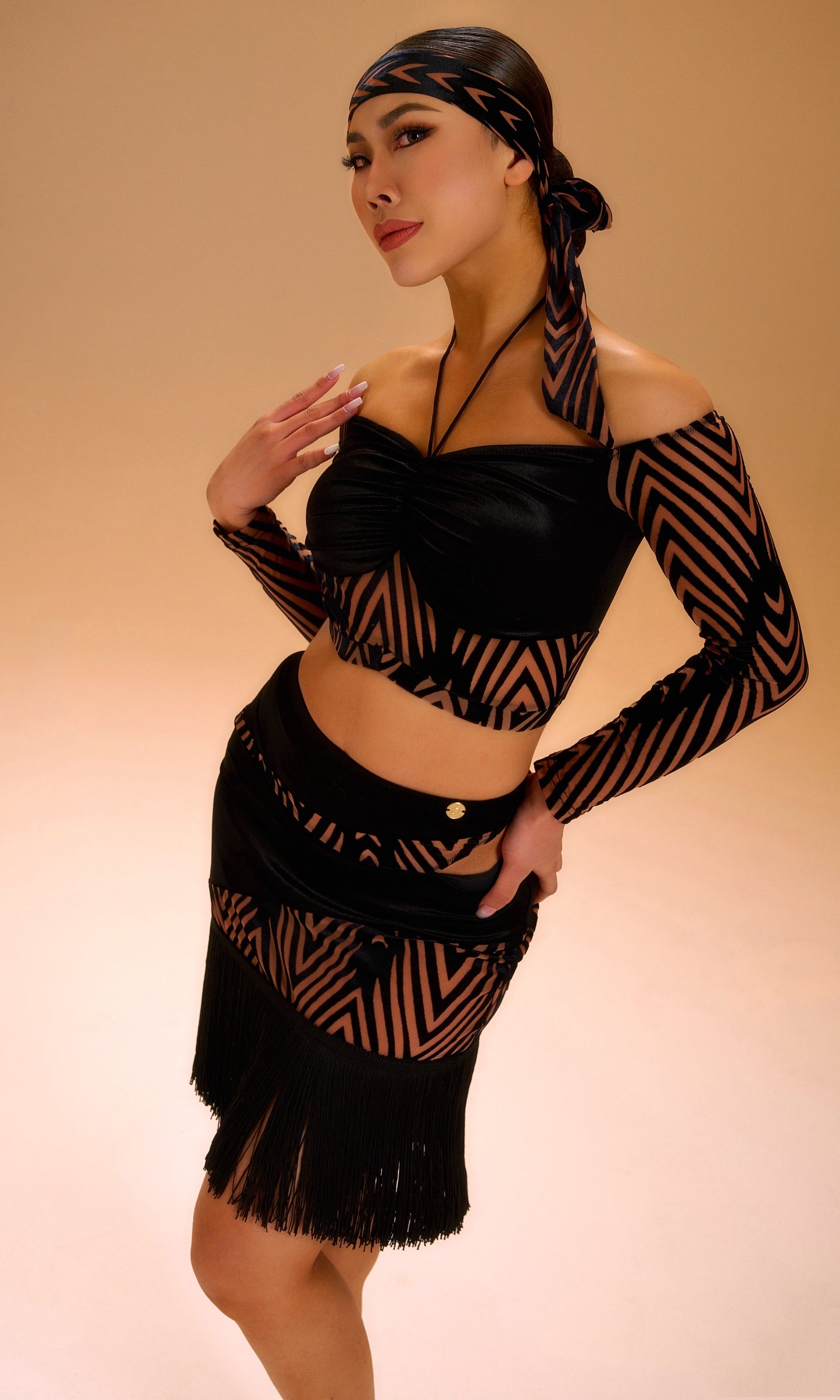 Velvet Jacquard One-Shoulder Top