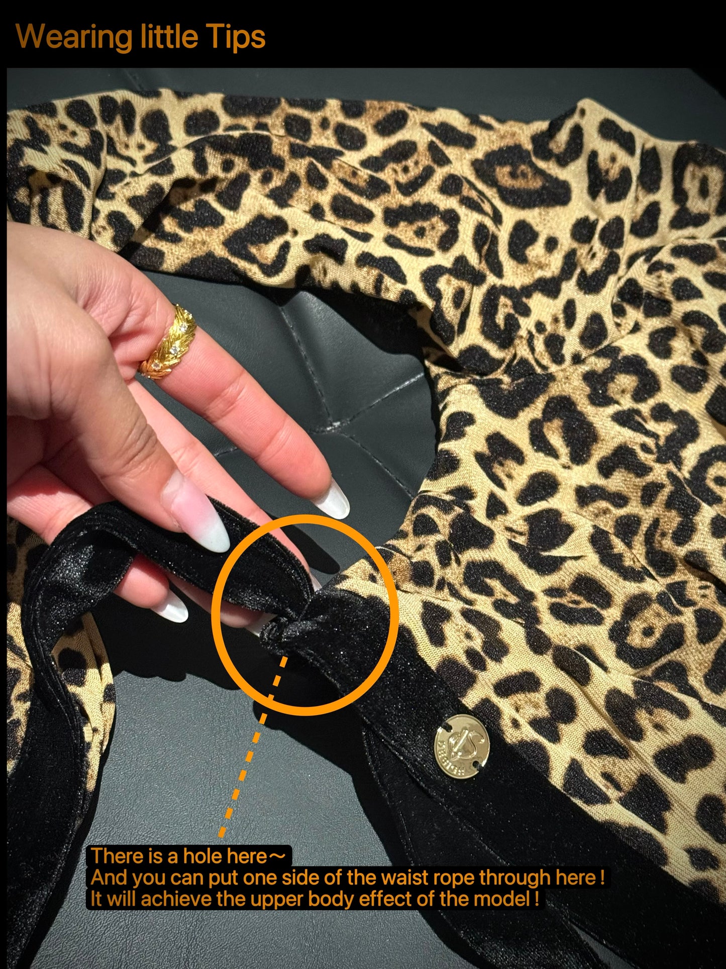 Leopard Pattern Beaded Long- Sleeved Waist Top