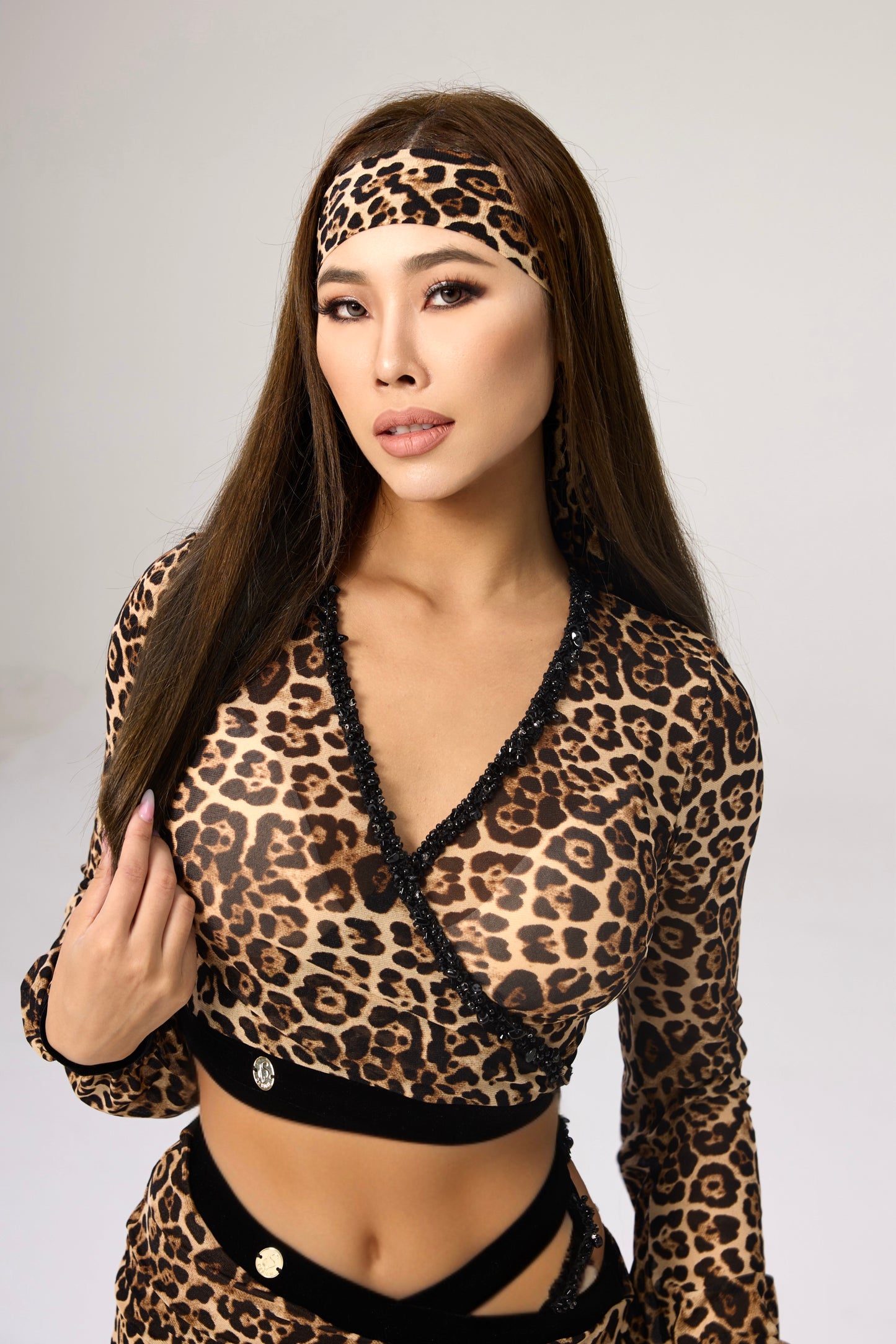 Leopard Pattern Beaded Long- Sleeved Waist Top